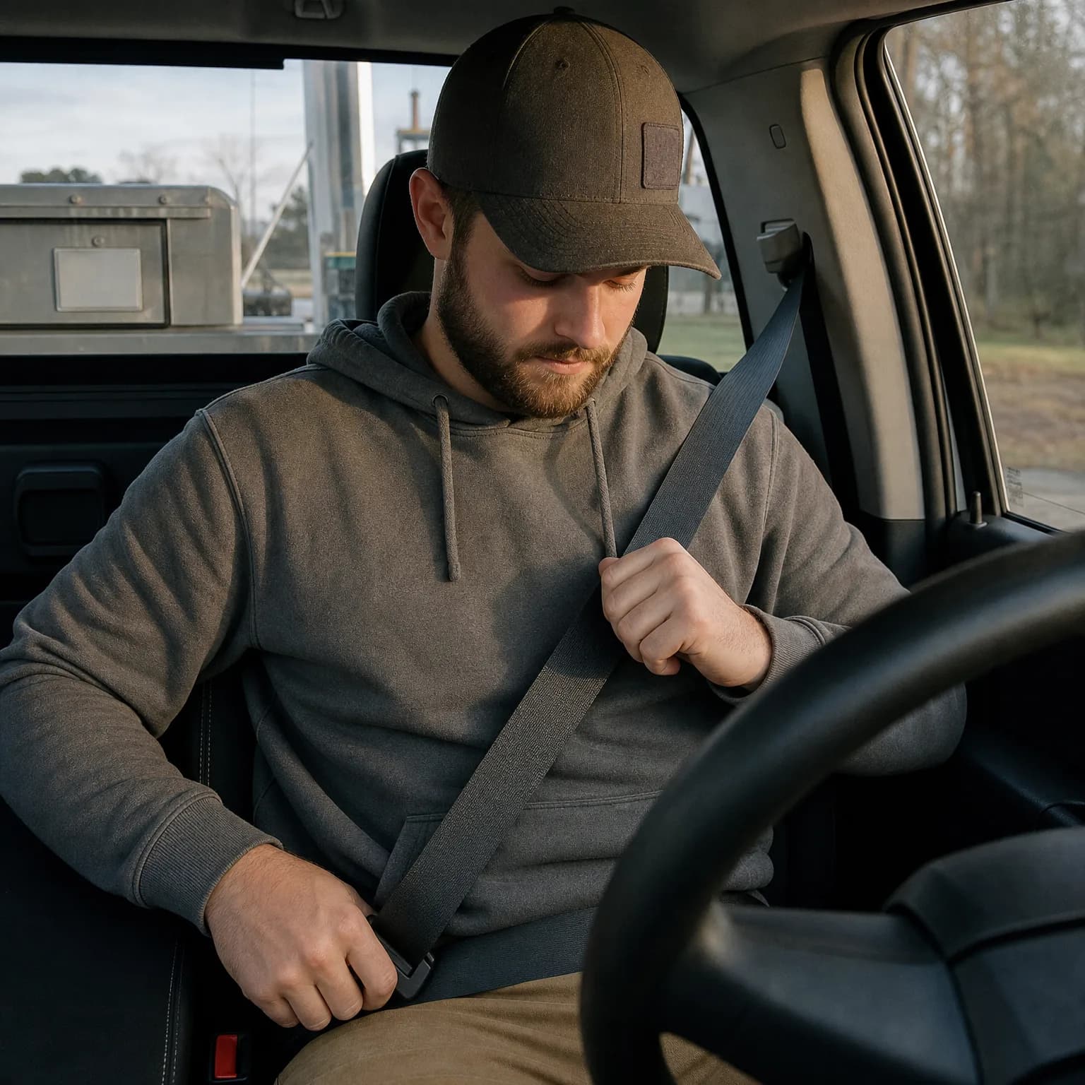 A bearded man in a cap and gray hoodie sits in a vehicle's driver seat, pulling the seat belt across his chest toward the buckle.