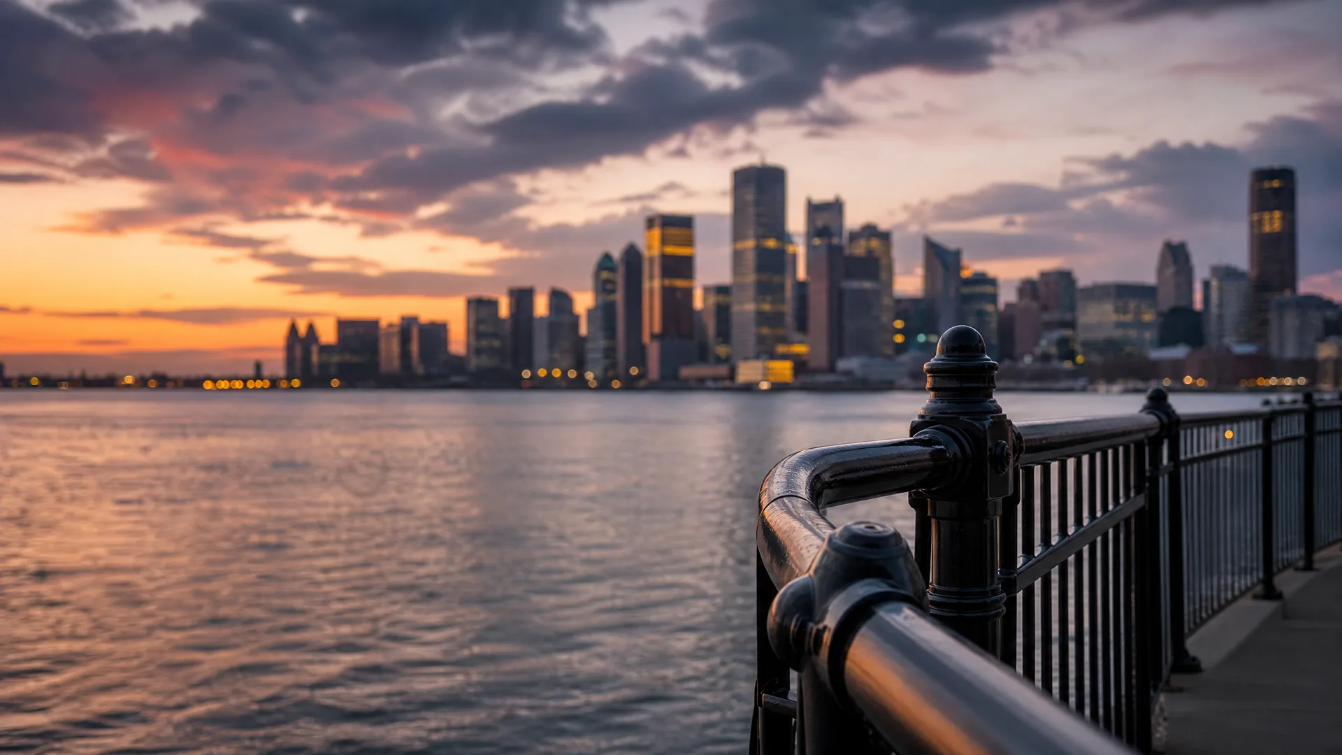 A city skyline of high-rise towers across a wide body of water at sunset, seen past a dark metal railing along a waterfront walkway in the foreground.