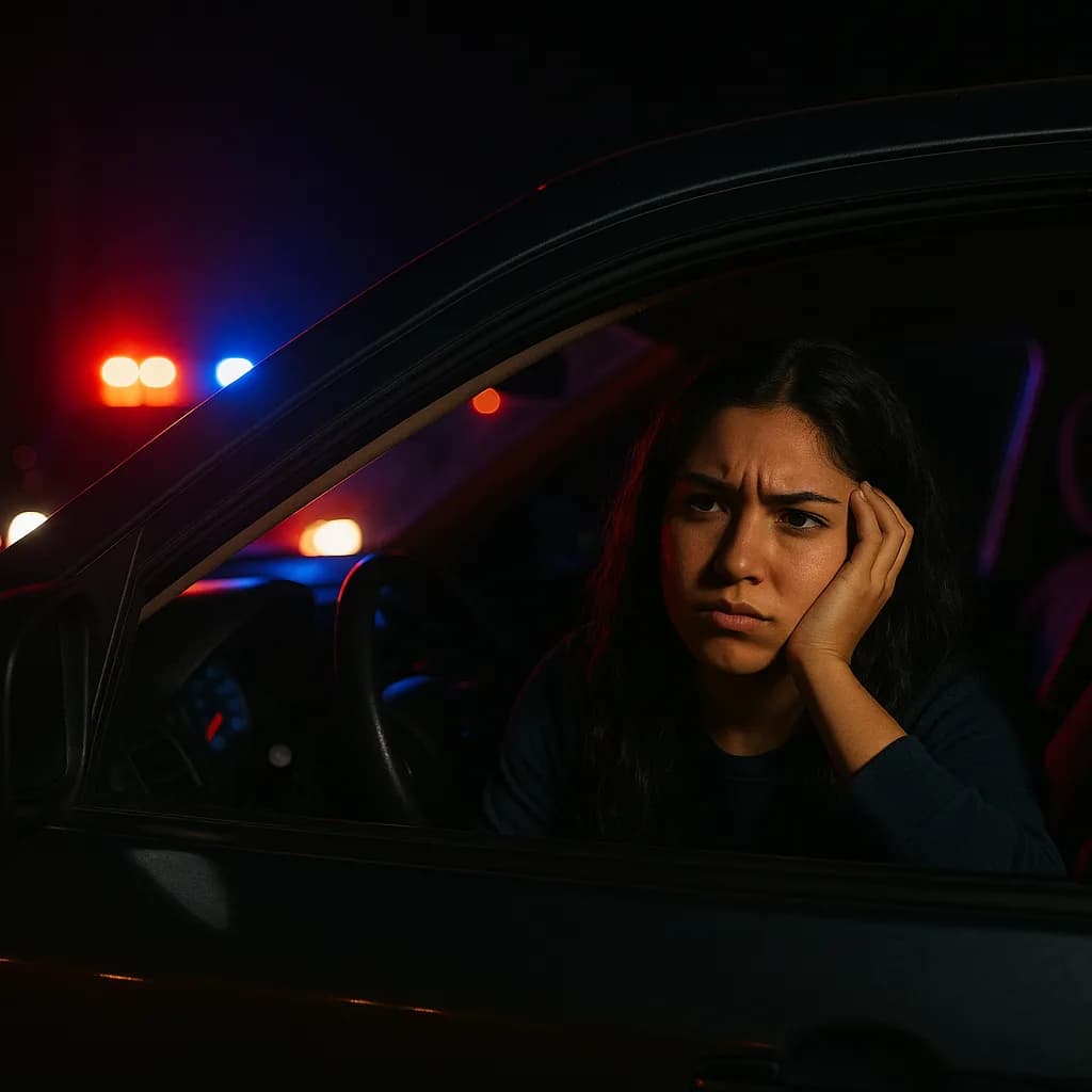 Woman looking worried in car at night with police lights visible in background