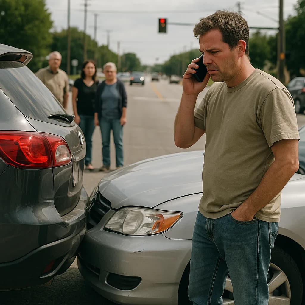 Man on phone at car accident scene with damaged vehicles and witnesses in background