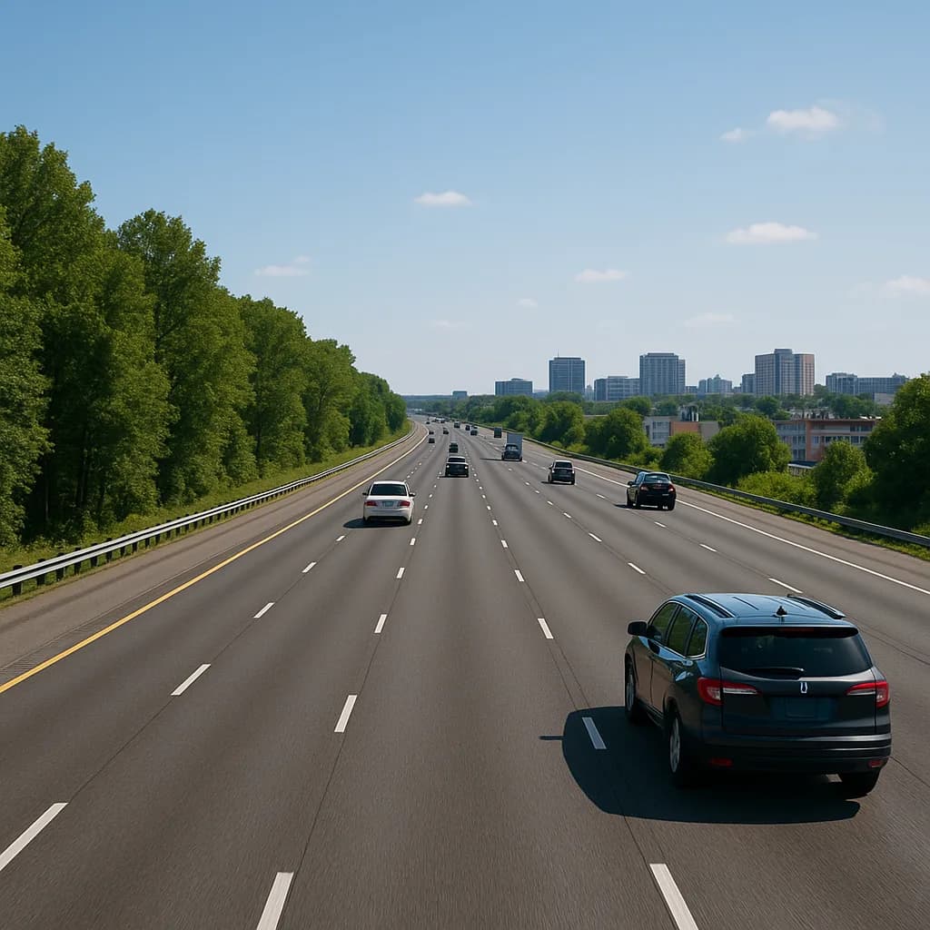 Multi-lane highway leading to city skyline with cars and green trees lining both sides on sunny day