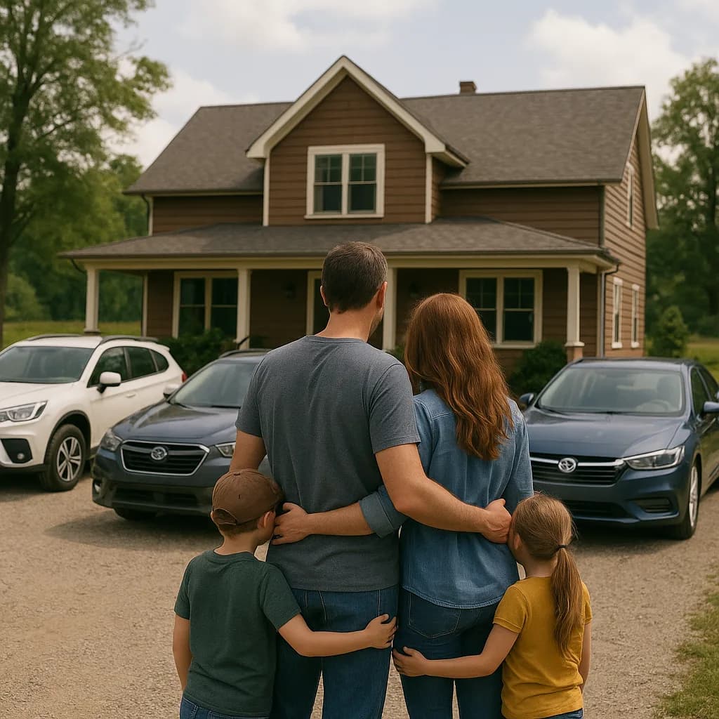 Family of four viewing their new home from driveway with cars parked in front of brown two-story house