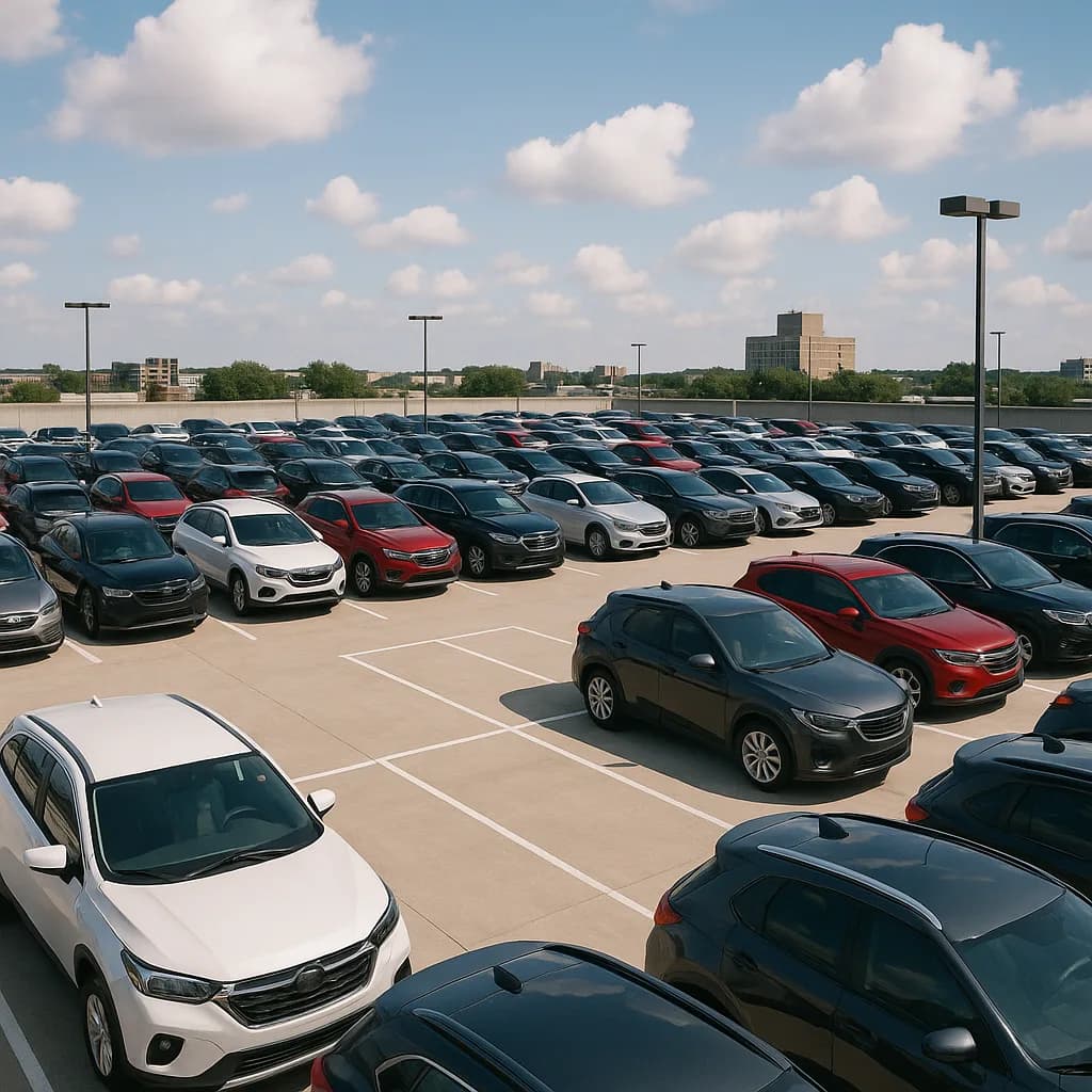 Aerial view of crowded car dealership lot with rows of new vehicles under blue sky