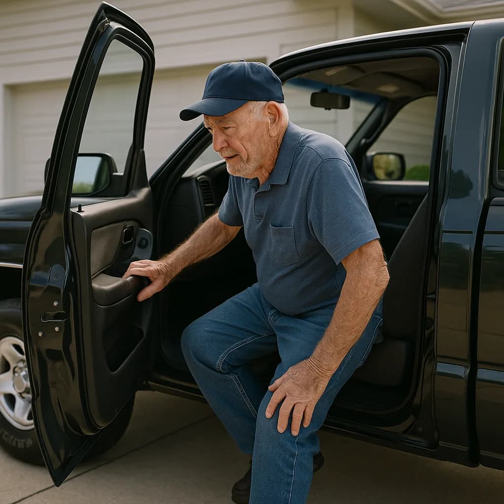 Elderly man in blue cap exiting vehicle while holding his knee, showing signs of joint pain or mobility difficulty