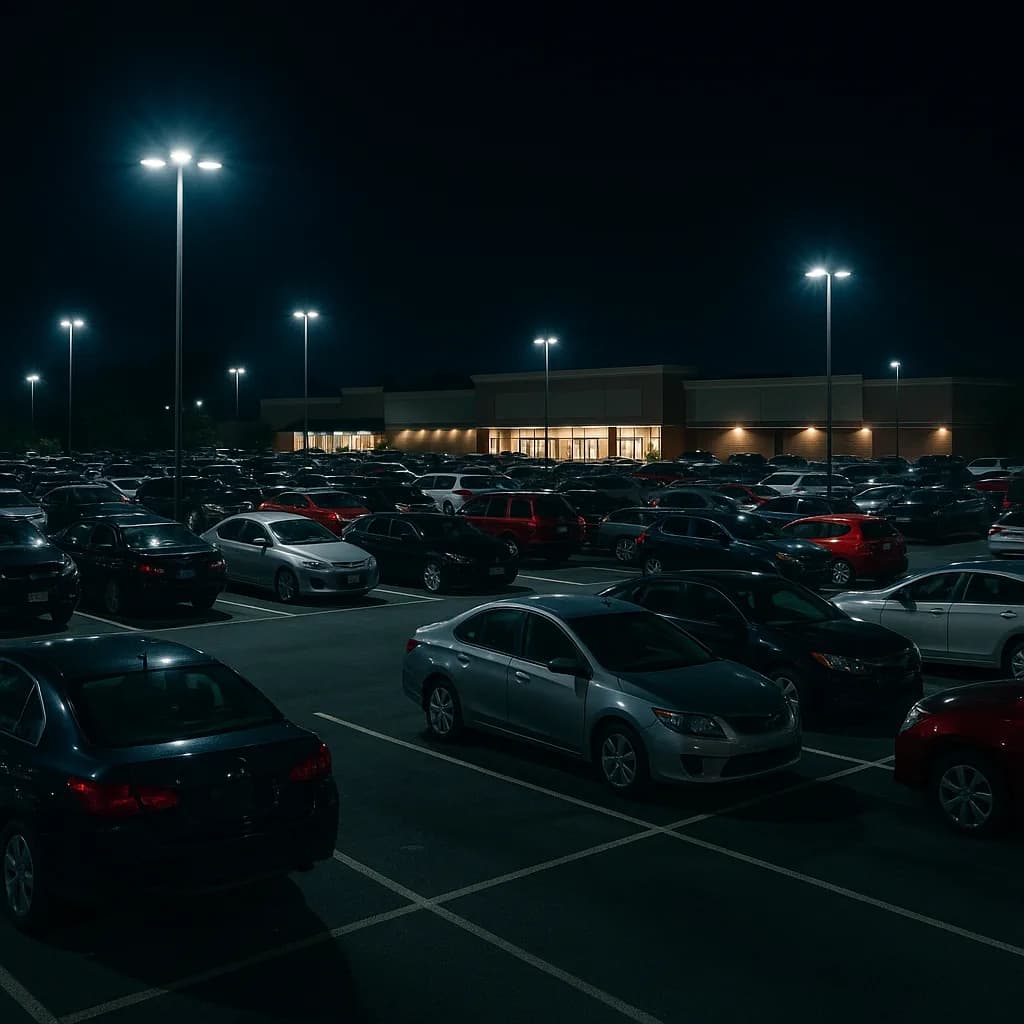 Crowded parking lot at night with tall light poles and illuminated retail building in background