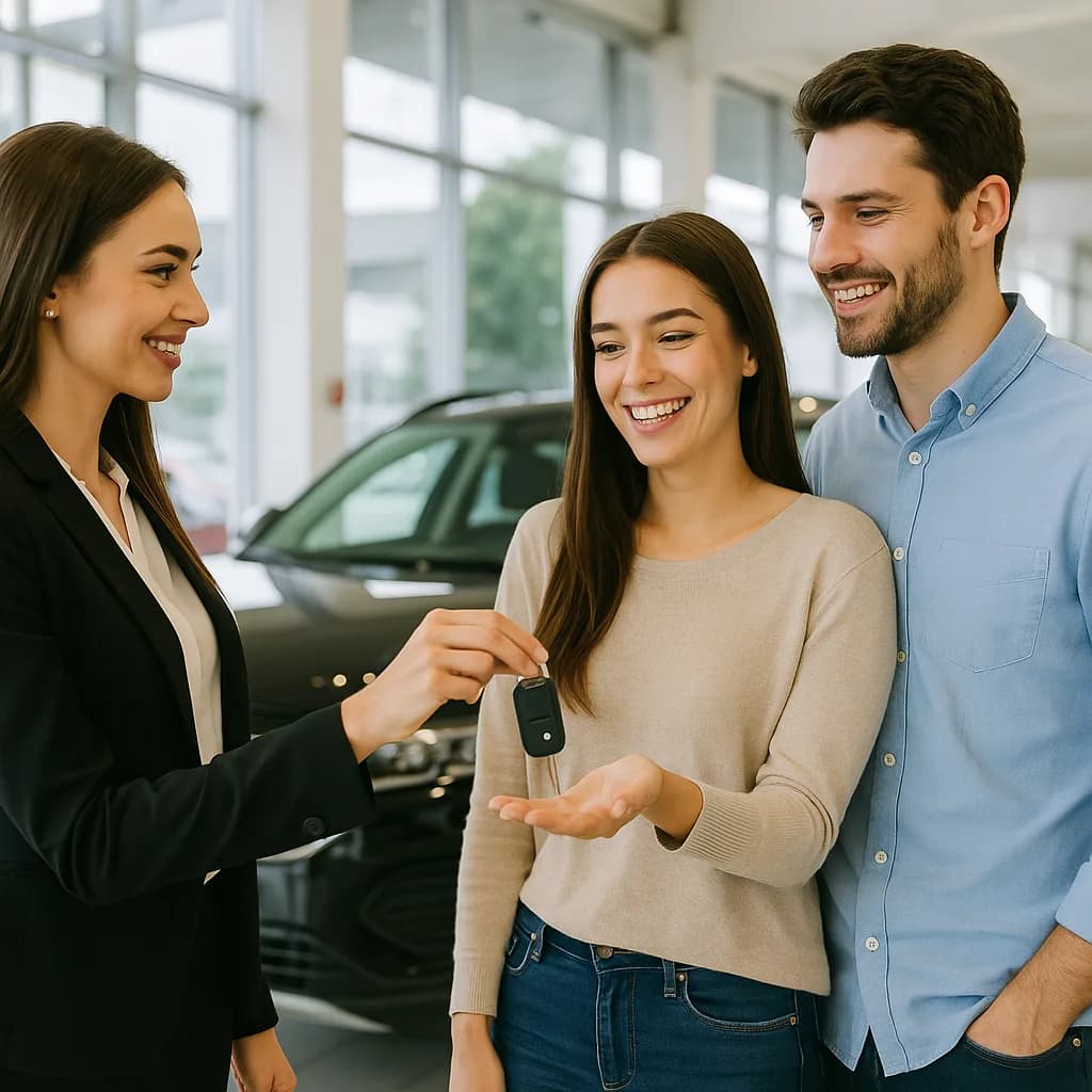 Car saleswoman handing keys to happy couple at dealership showroom
