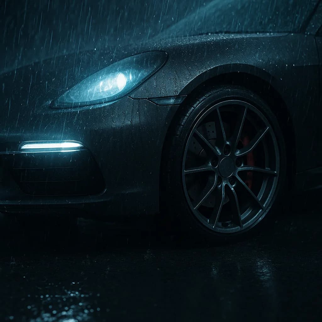 Close-up of luxury sports car front with glowing headlights and wheel in rain at night
