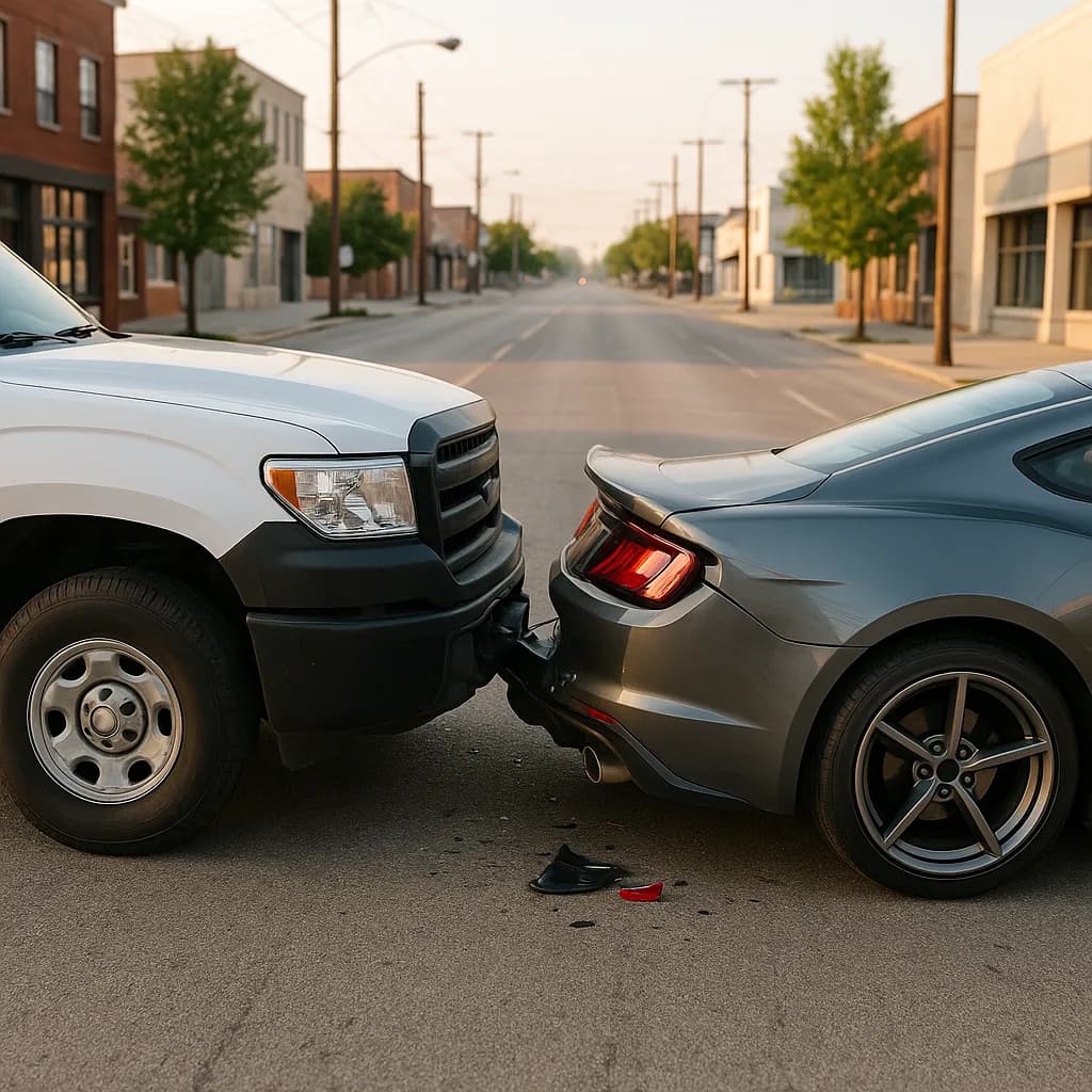 White pickup truck rear-ended gray sports car on small town street with visible damage and debris