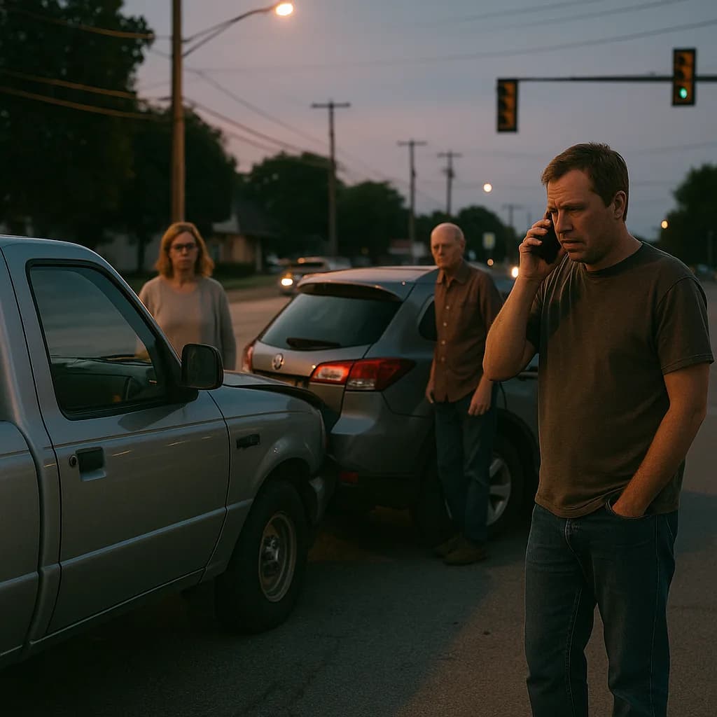 Man on phone at car accident scene during dusk with two other people standing near damaged vehicles