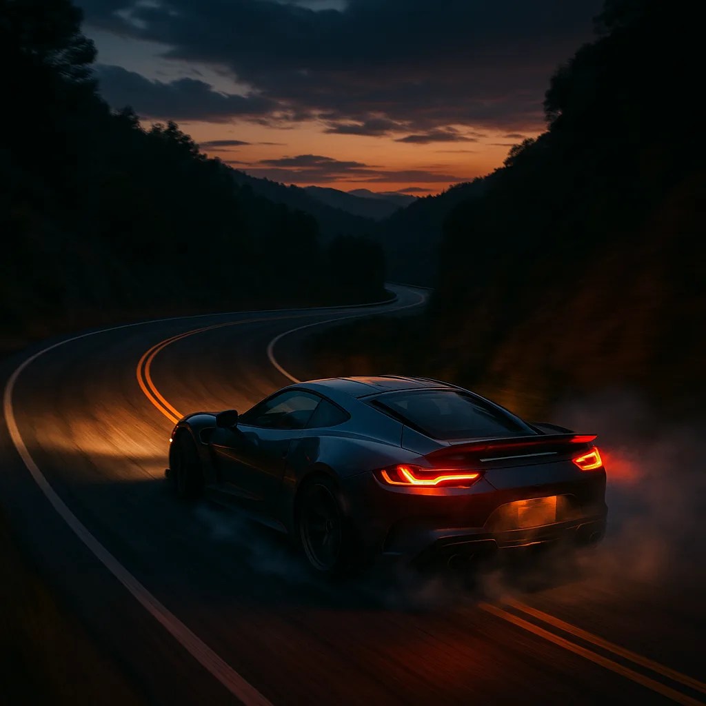 Sports car with red taillights driving on winding mountain road at sunset with motion blur