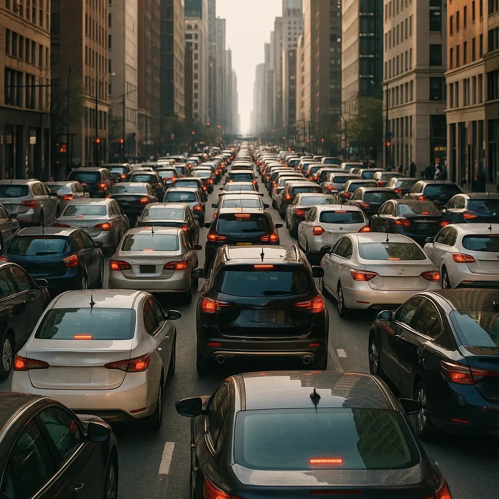 Heavy traffic congestion on a city street with multiple lanes of cars between tall buildings during rush hour