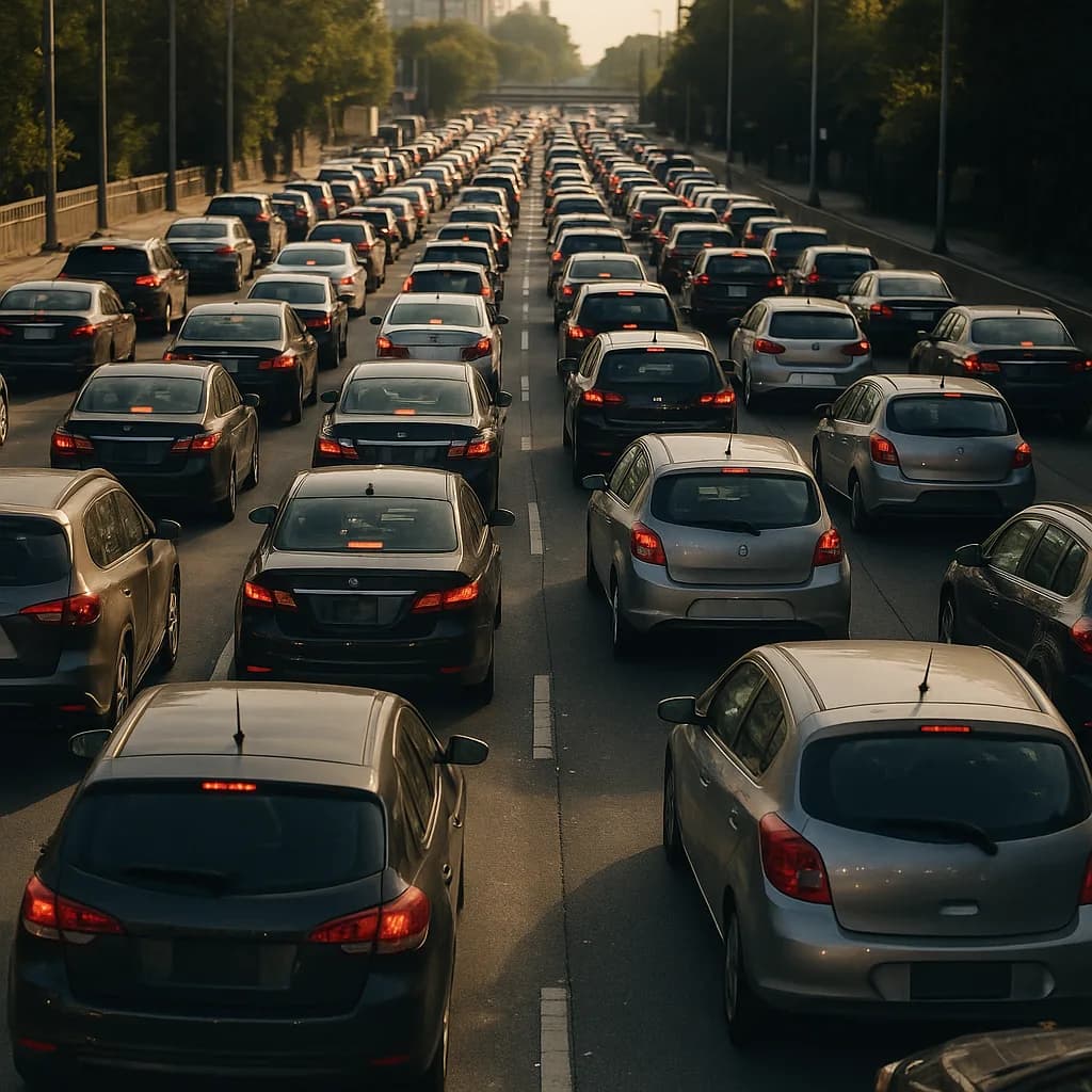 Dense traffic jam on multi-lane highway with cars at standstill during rush hour