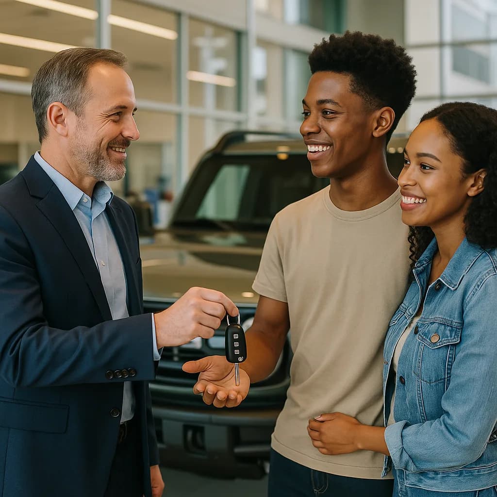 Car salesman handing keys to excited young couple at dealership showroom