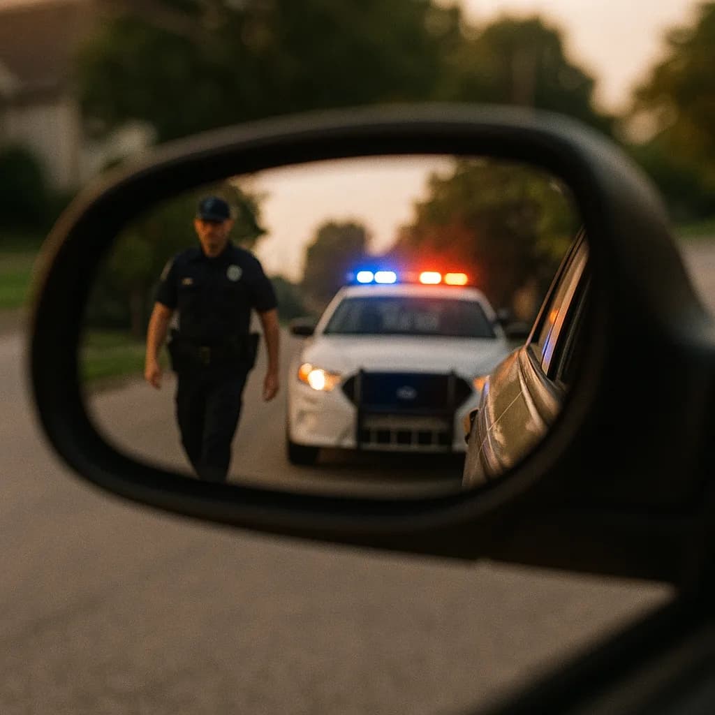 Police officer approaching vehicle shown in side mirror with patrol car's emergency lights flashing behind
