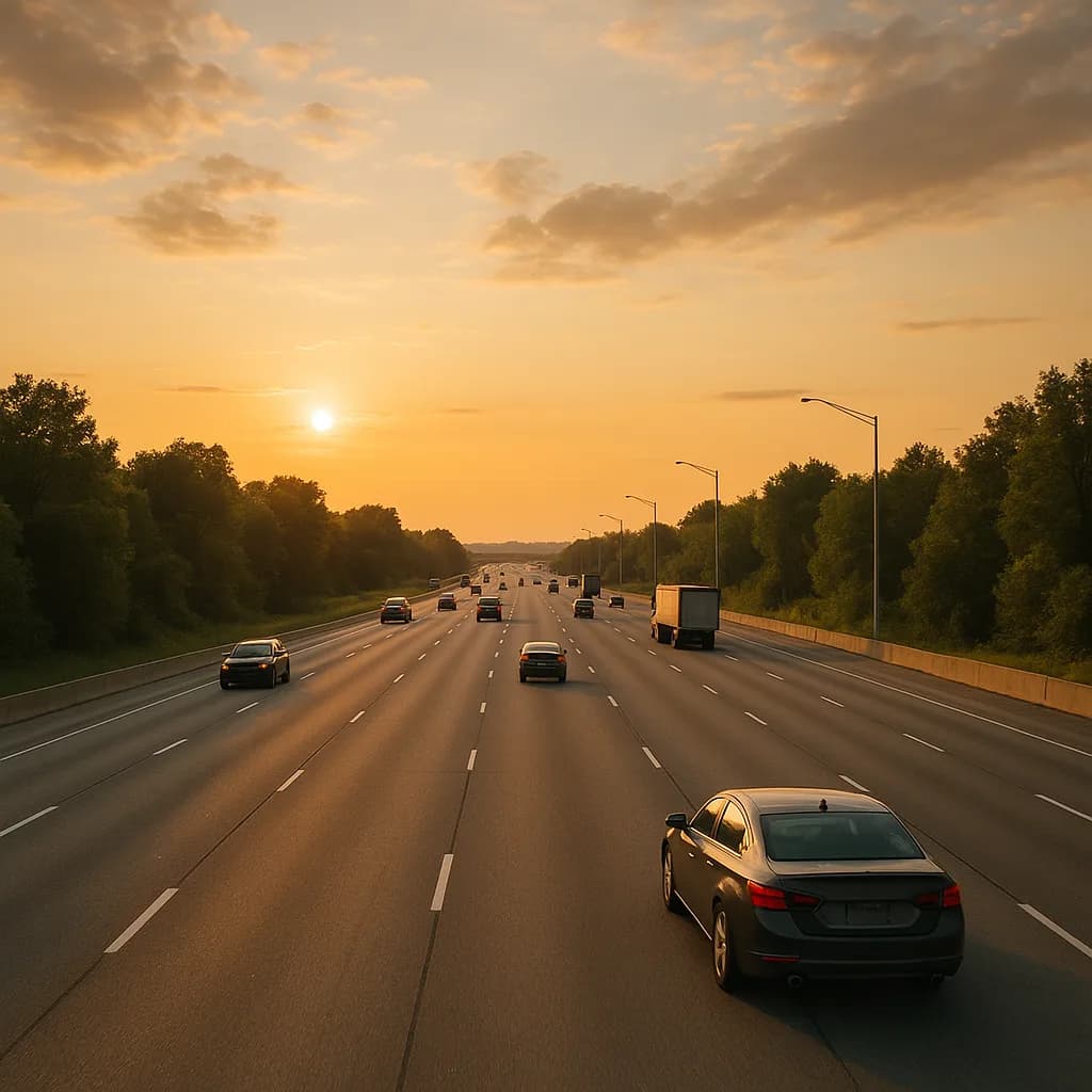 Multi-lane highway at sunset with cars and trucks driving under golden sky with trees lining both sides