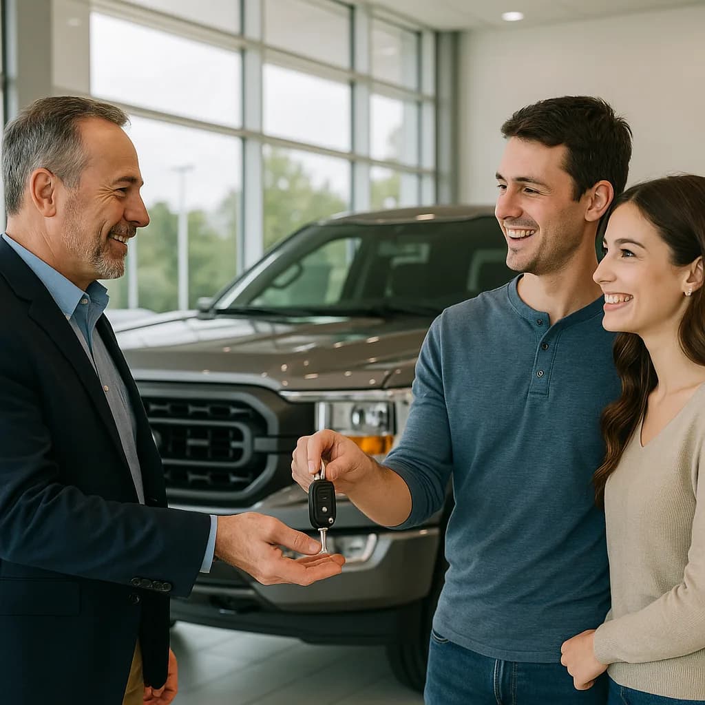 Car salesman handing keys to smiling couple in front of new SUV at dealership showroom