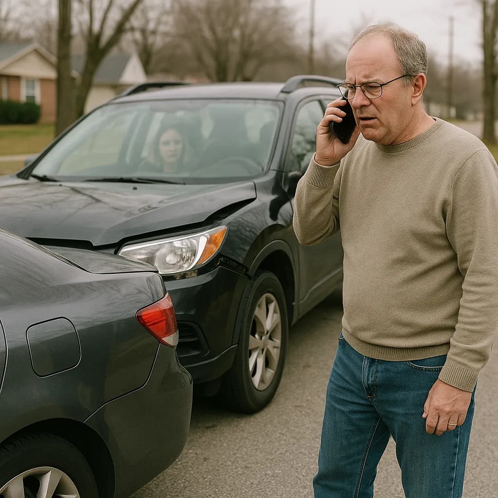 Man on phone after car accident with damaged vehicles in residential neighborhood