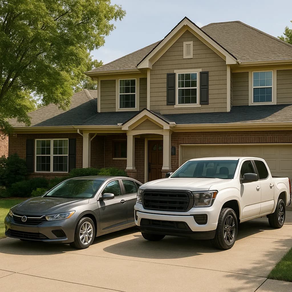 Two-story suburban home with gray sedan and white pickup truck parked in driveway