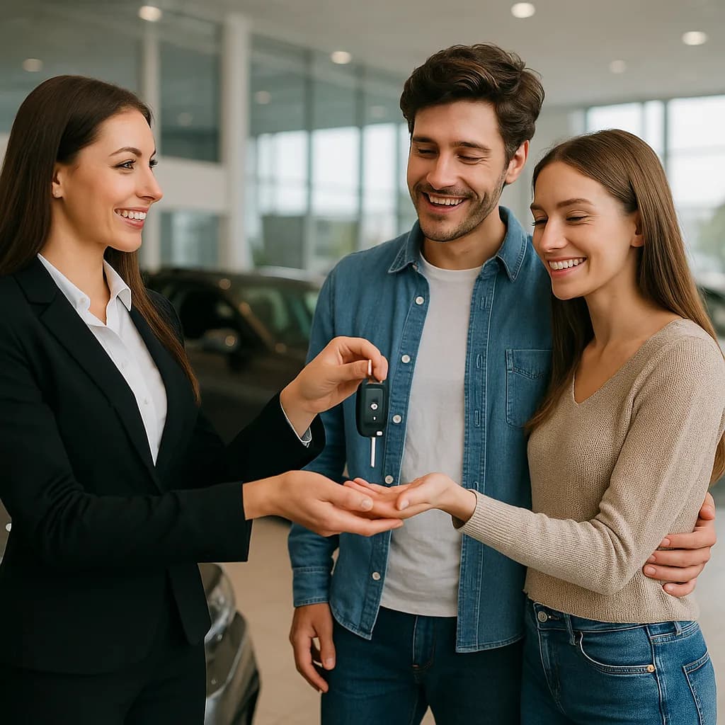 Car salesperson handing keys to smiling couple at dealership showroom