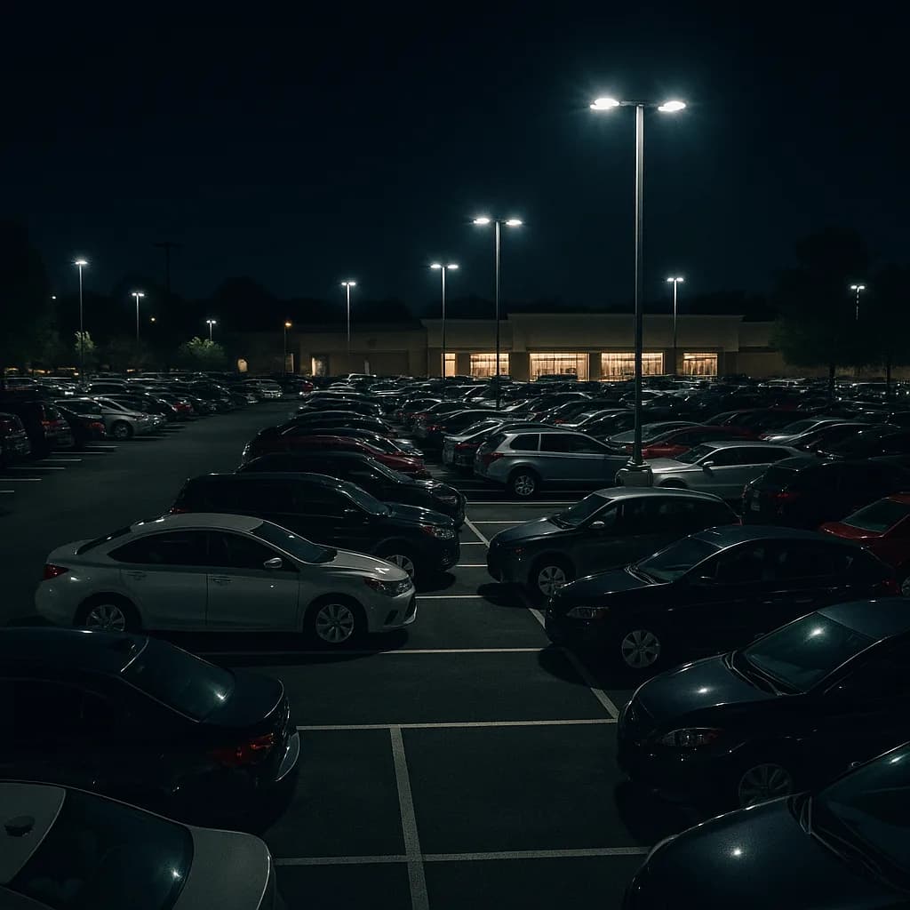 Crowded parking lot at night with illuminated light poles and lit commercial building in background