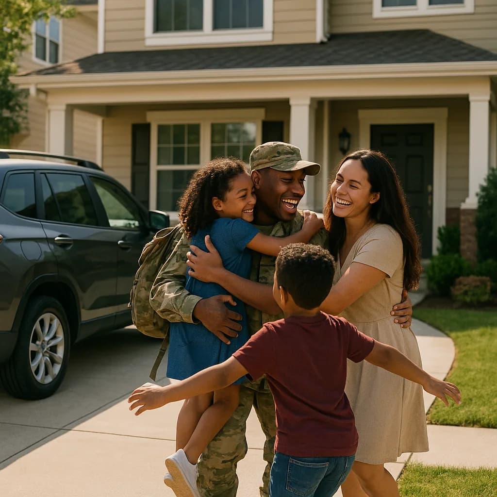 Military family reunion with soldier hugging children and spouse in front of suburban home