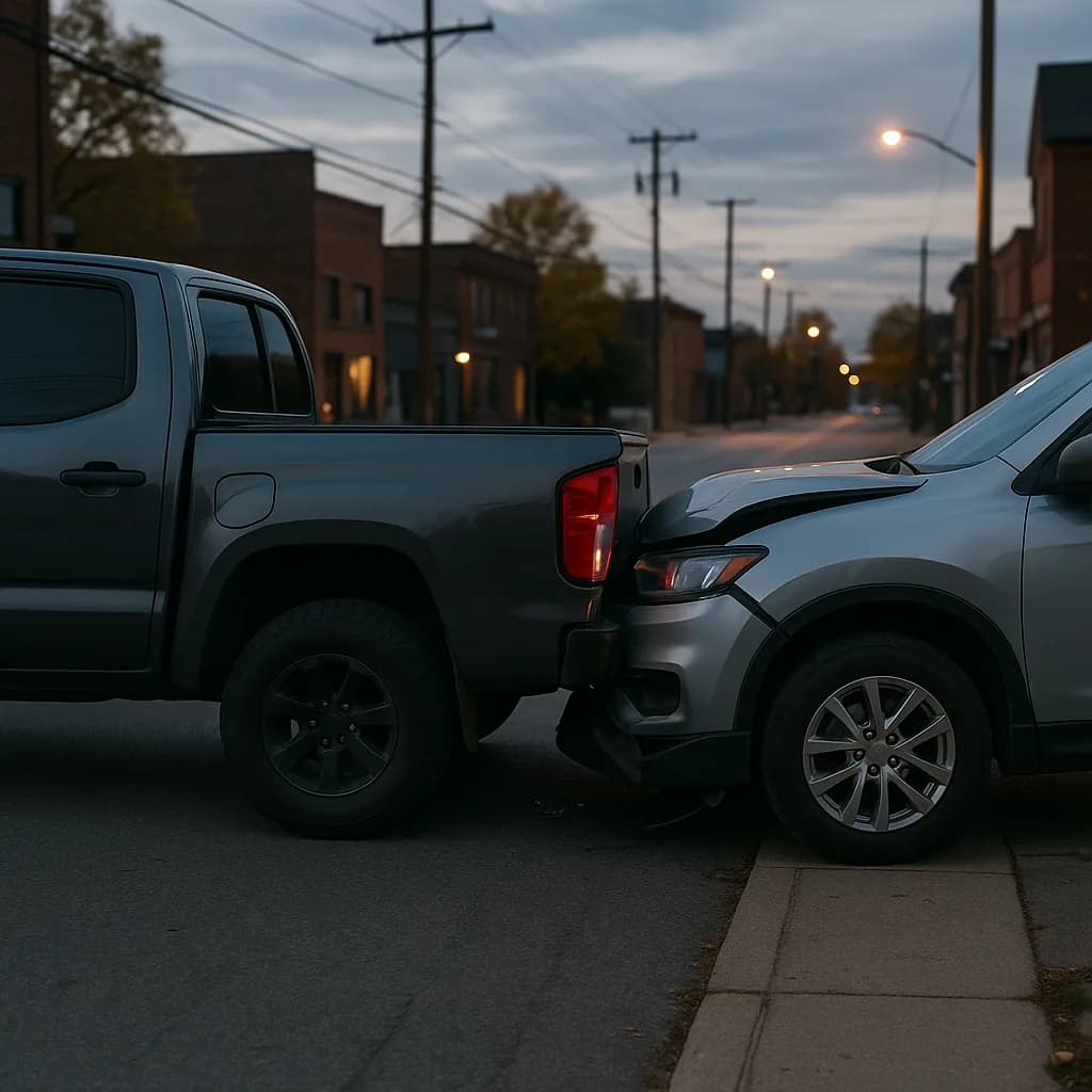 Two vehicles in a rear-end collision on a small town street at dusk with street lights glowing