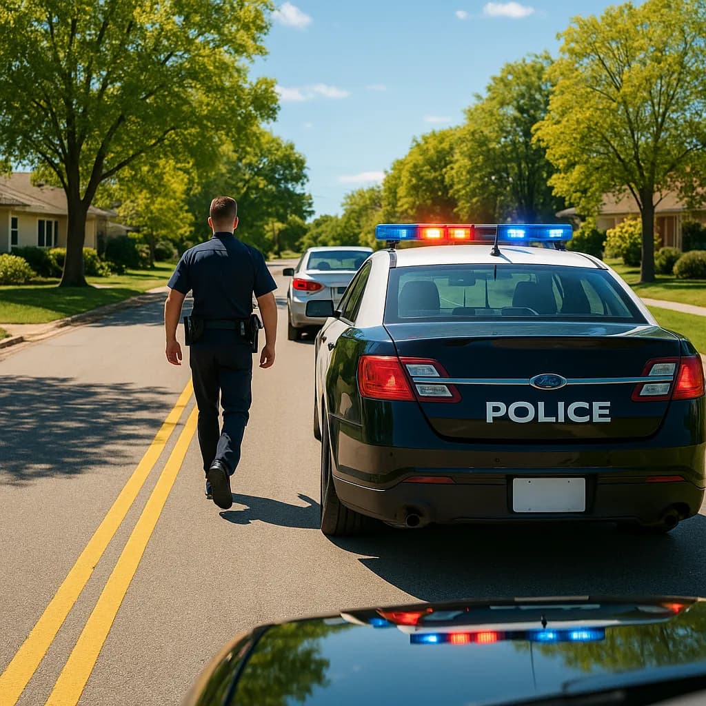 Police officer walking toward stopped car during traffic stop on suburban street with patrol vehicles