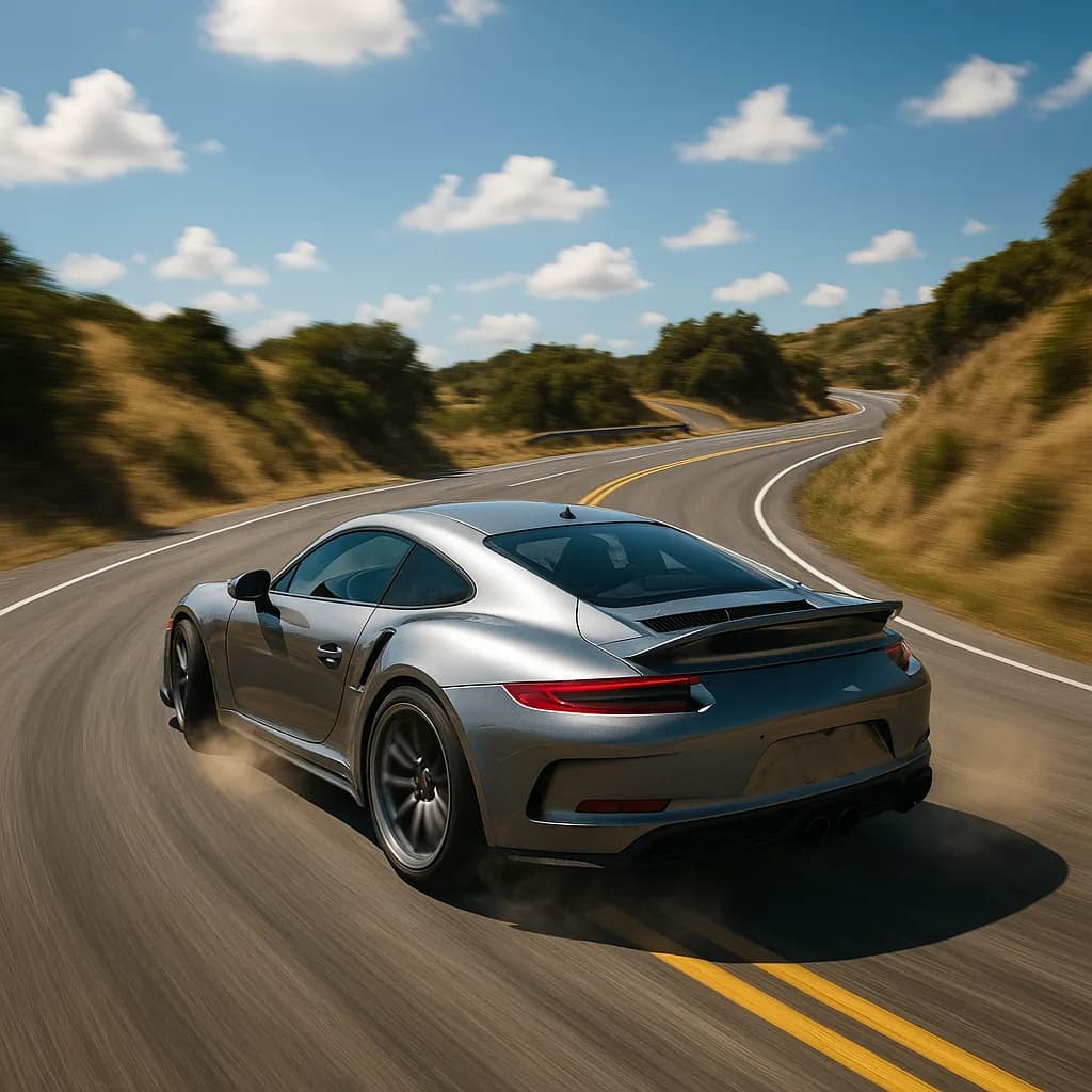 Silver Porsche 911 GT3 driving on a winding highway through rural landscape