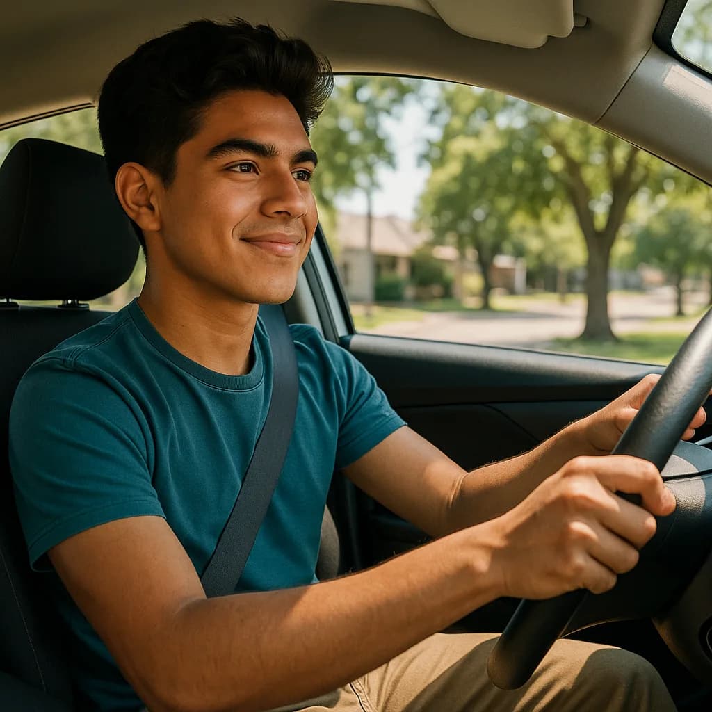 Young man smiling while driving a car in a sunny suburban neighborhood