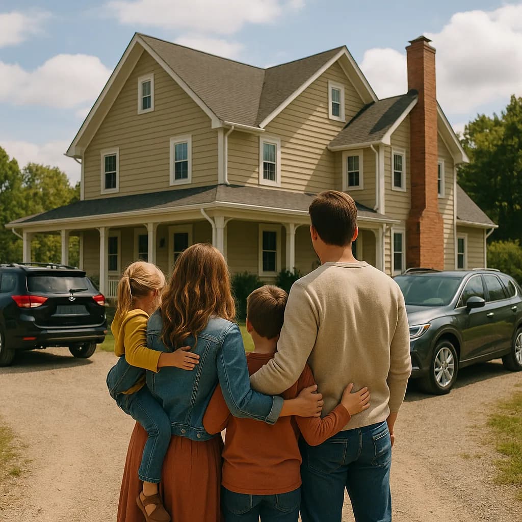 Family of four viewing a two-story suburban house from the driveway