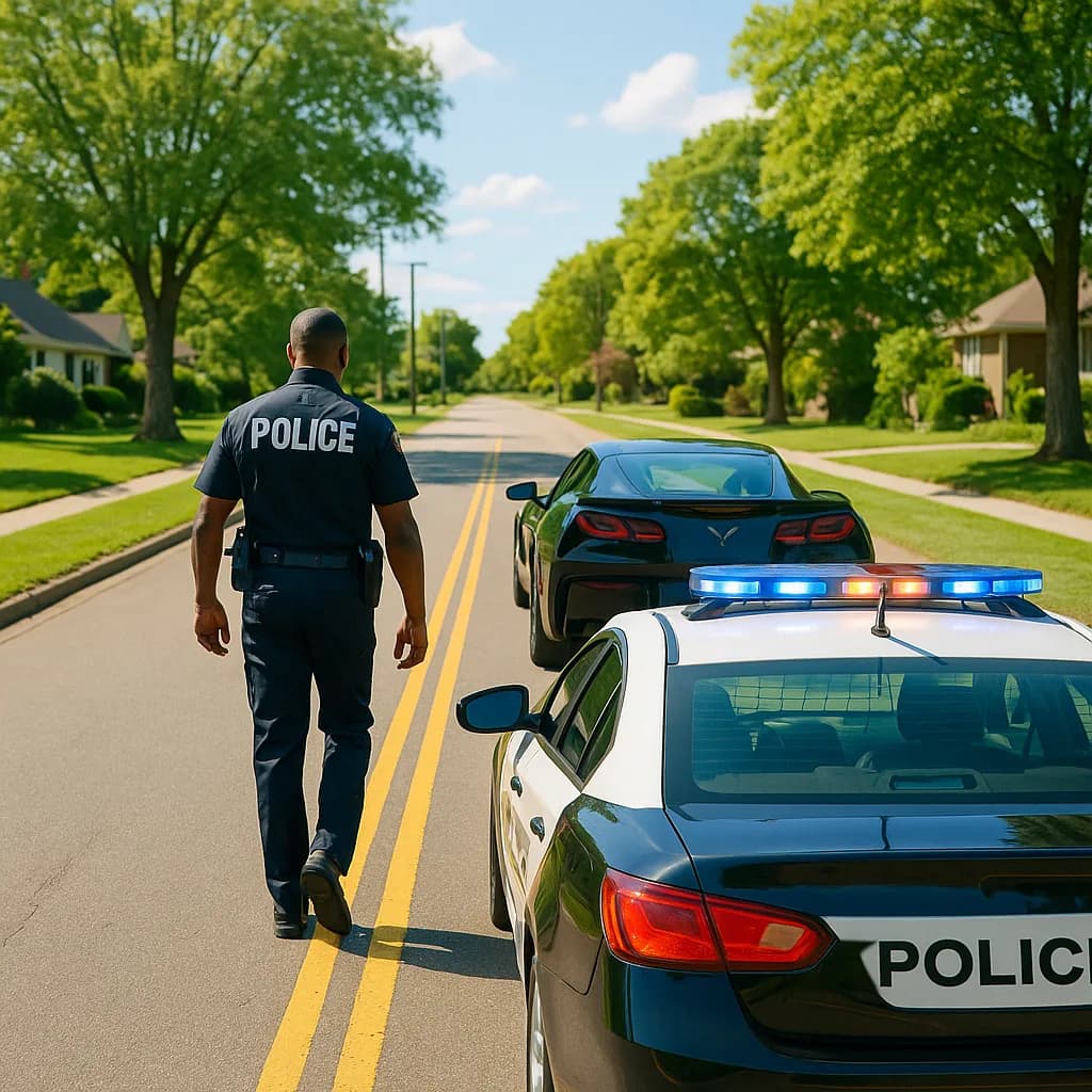 Police officer conducting traffic stop on suburban street with patrol car and black sports car