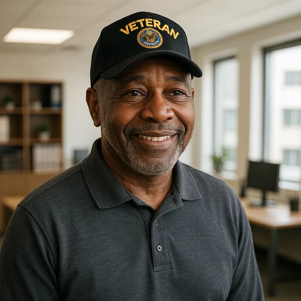 Smiling African American military veteran wearing Veteran cap in professional portrait