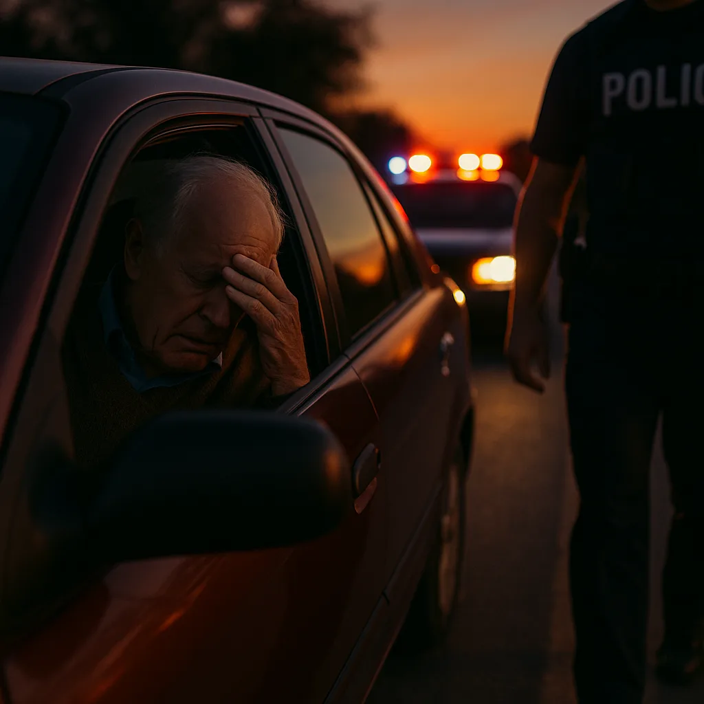 Elderly driver with hand on face during police traffic stop at sunset with emergency lights in background