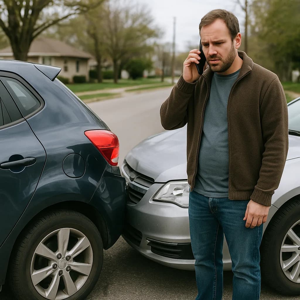 Man on phone reporting car accident between two vehicles on residential street