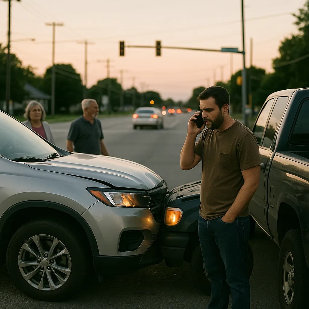 Man on phone between two cars after minor collision on suburban street at sunset