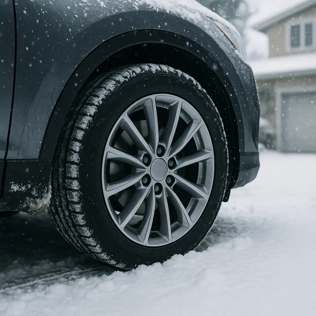 Car wheel with alloy rim covered in snow during winter snowfall in residential driveway