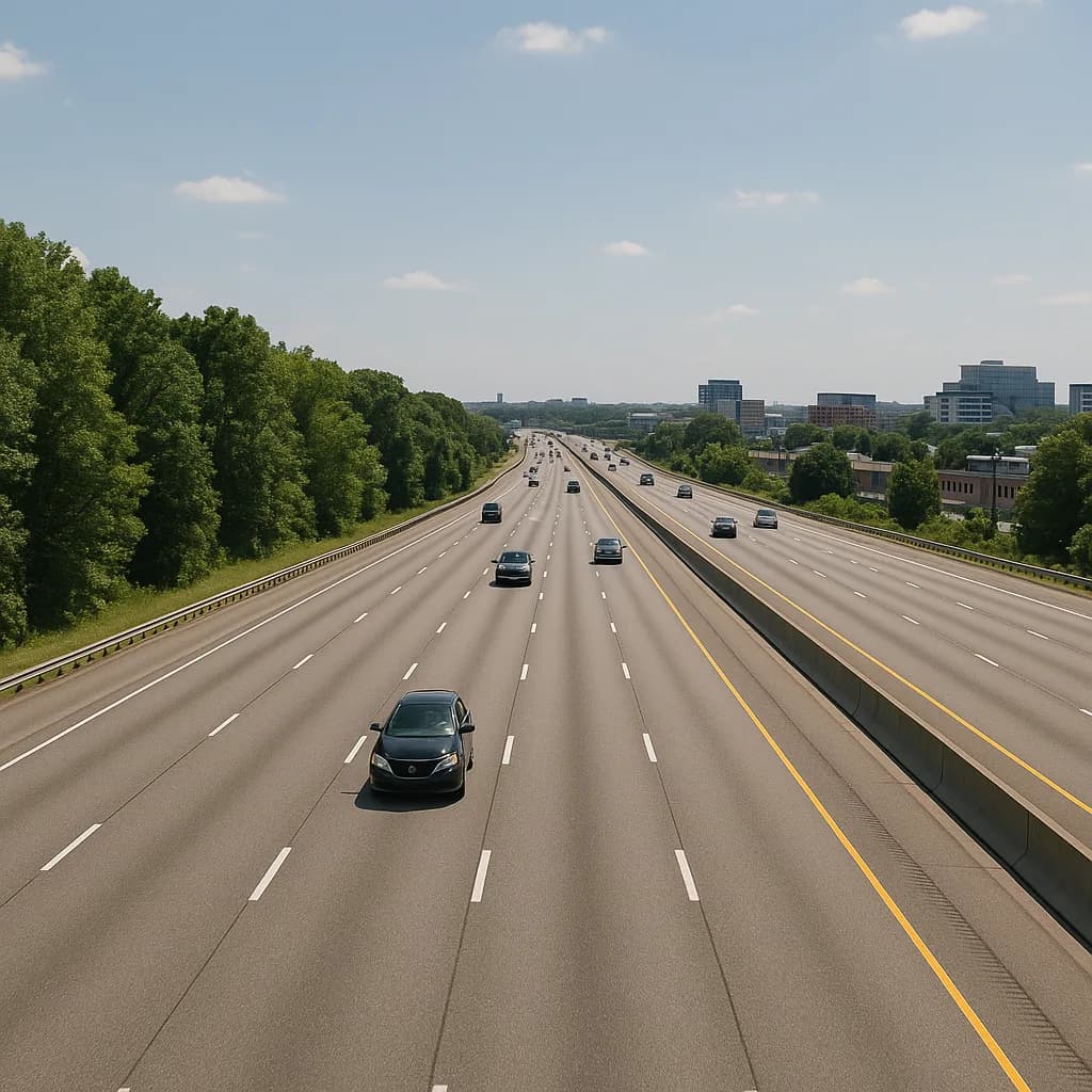 Wide multi-lane highway with light traffic, green trees, and distant city buildings under blue sky