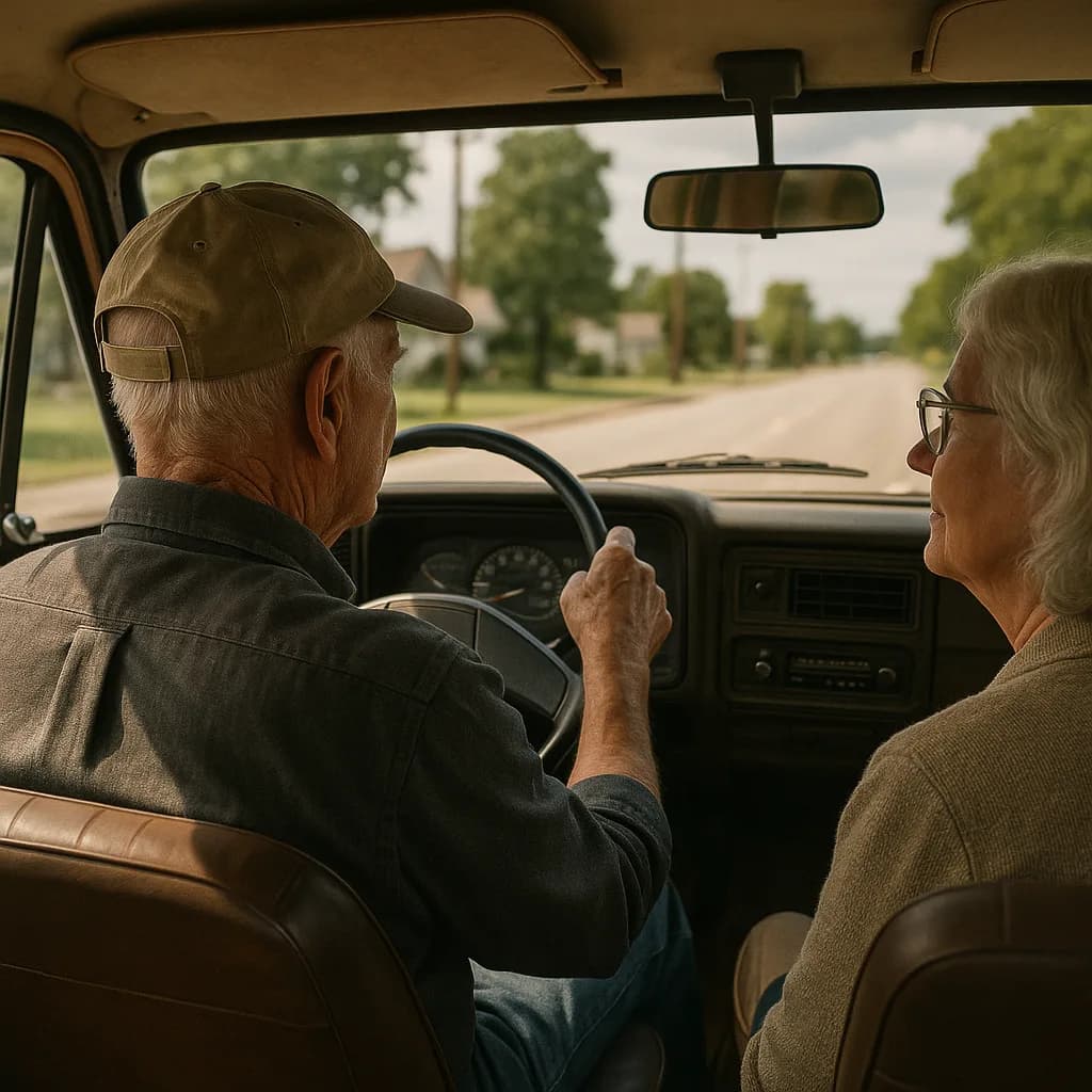 Elderly couple driving together in vintage car on rural road, view from back seat