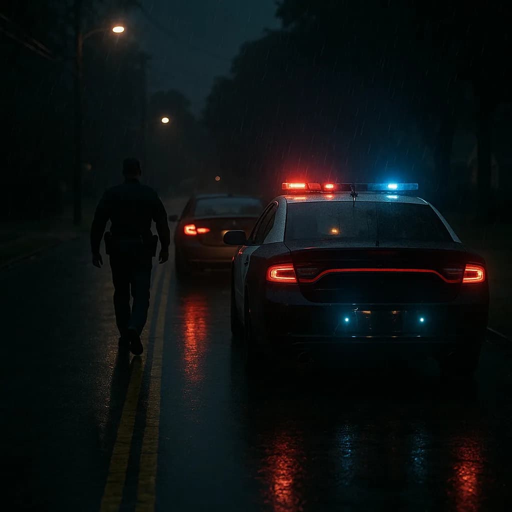 Police officer approaching stopped vehicle at night in the rain with emergency lights flashing